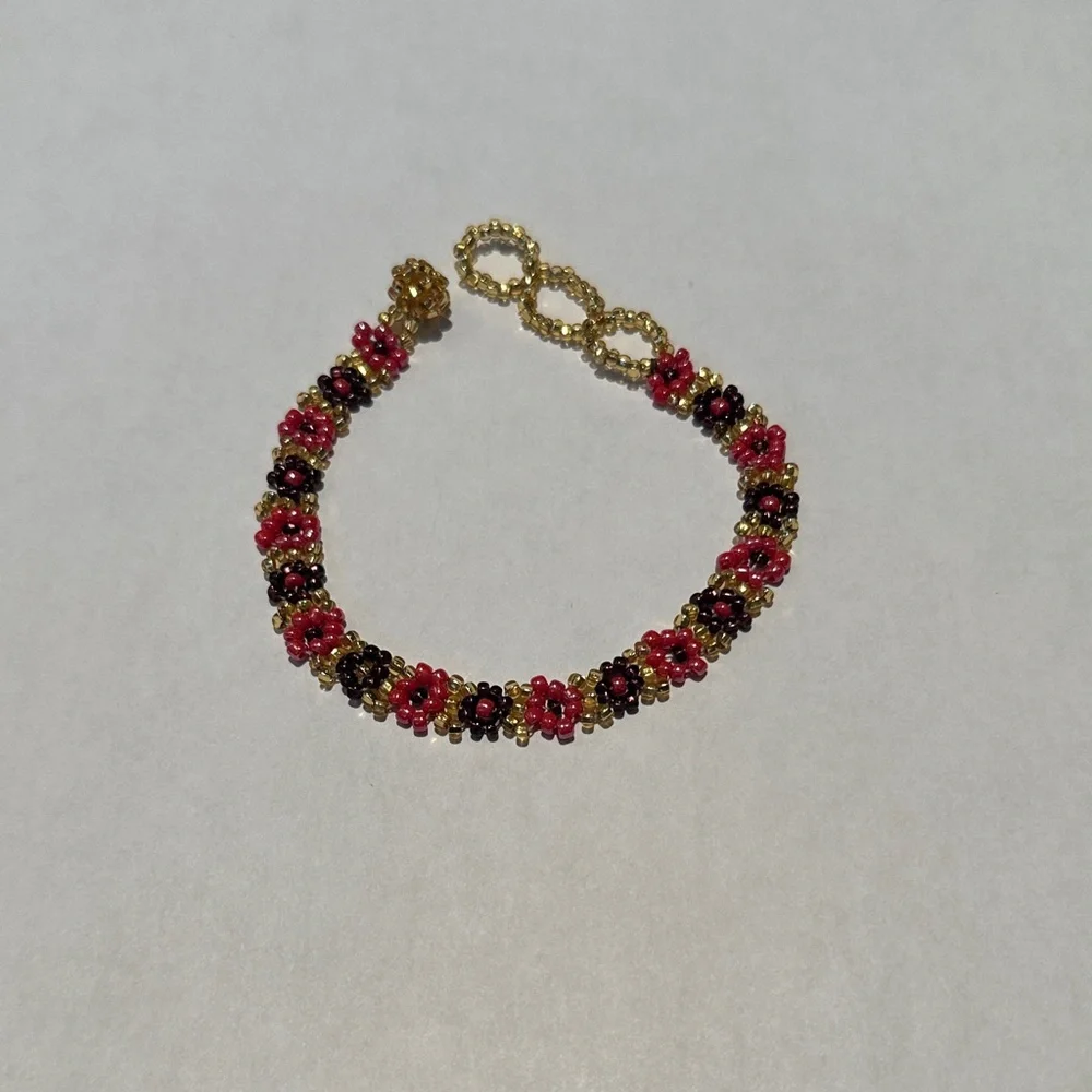 Y2K Beaded Pink, Purple, and Gold Flower Bracelet
